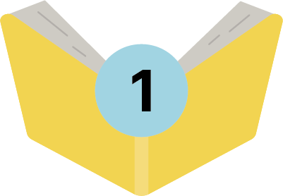 Gelbes, illustriertes, aufgeschlagenes Buch mit der Zahl eins in einem blauen Kreis, die für den ersten Tipp für mehr Lesemotivation steht.