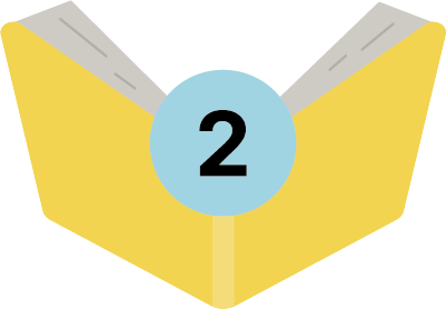 Gelbes, illustriertes, aufgeschlagenes Buch mit der Zahl eins in einem blauen Kreis, die für den zweiten Tipp für mehr Lesemotivation steht.