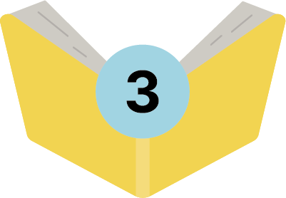 Gelbes, illustriertes, aufgeschlagenes Buch mit der Zahl eins in einem blauen Kreis, die für den dritten Tipp für mehr Lesemotivation steht.