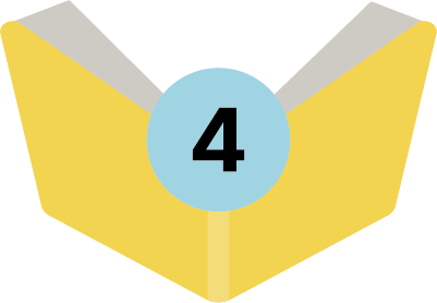 Gelbes, illustriertes, aufgeschlagenes Buch mit der Zahl eins in einem blauen Kreis, die für den vierten Tipp für mehr Lesemotivation steht.