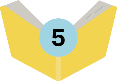 Gelbes, illustriertes, aufgeschlagenes Buch mit der Zahl eins in einem blauen Kreis, die für den fünften Tipp für mehr Lesemotivation steht.