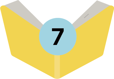 Gelbes, illustriertes, aufgeschlagenes Buch mit der Zahl eins in einem blauen Kreis, die für den siebten Tipp für mehr Lesemotivation steht.