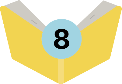 Gelbes, illustriertes, aufgeschlagenes Buch mit der Zahl eins in einem blauen Kreis, die für den achten Tipp für mehr Lesemotivation steht.