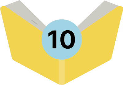 Gelbes, illustriertes, aufgeschlagenes Buch mit der Zahl eins in einem blauen Kreis, die für den zehnten Tipp für mehr Lesemotivation steht.